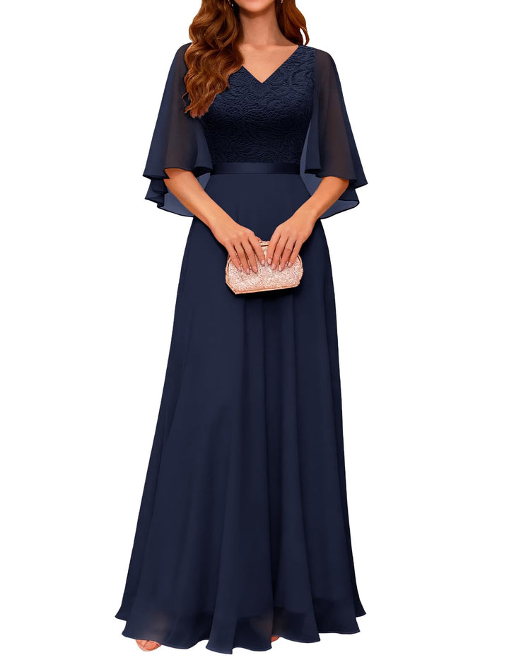 DRESSTELLS Festliche Abendkleider Damen Hochzeit Ballkleid Elegant Lang Brautkleid Standesamt Chiffo