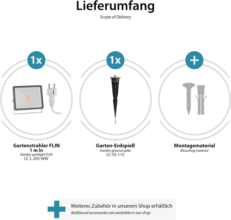 ledscom.de LED Aussenstrahler FLIN mit Erdspiess & Stecker für aussen, Scheinwerfer, weiss, IP66 was