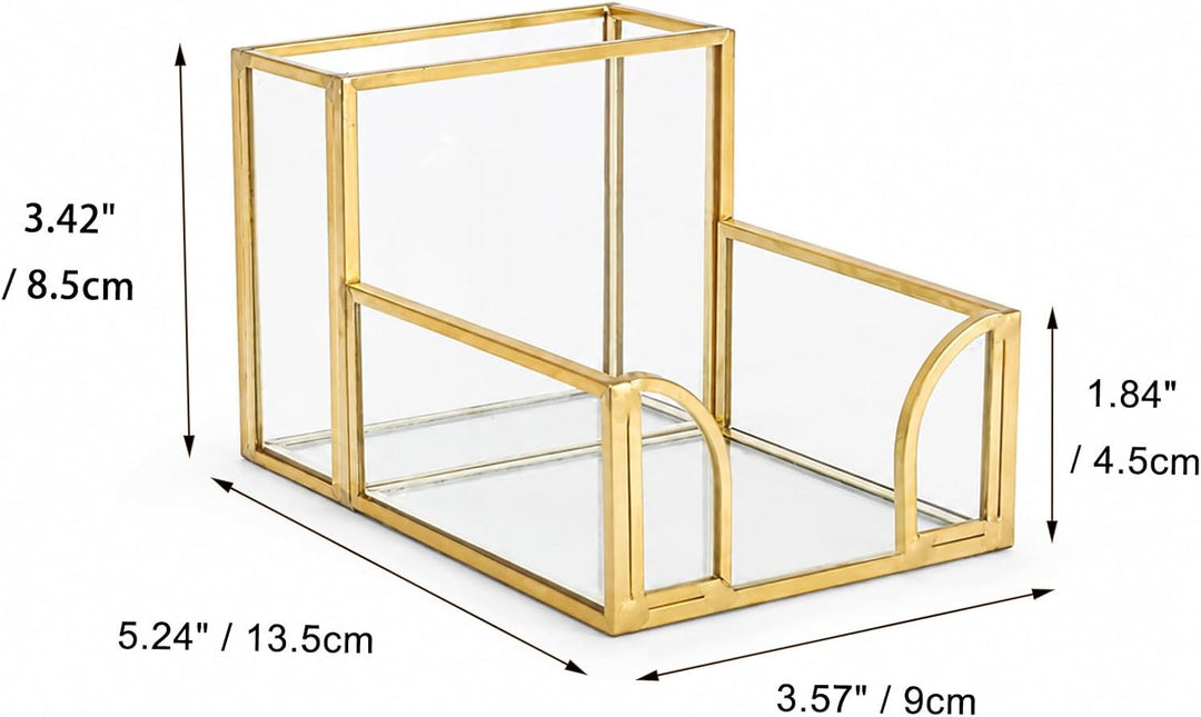 Feyarl Glas Stiftehalter mit Notizzettel Fach Schreibtisch Organizer aus Glas mit Goldfarbenem Metal