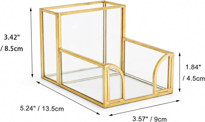 Feyarl Glas Stiftehalter mit Notizzettel Fach Schreibtisch Organizer aus Glas mit Goldfarbenem Metal