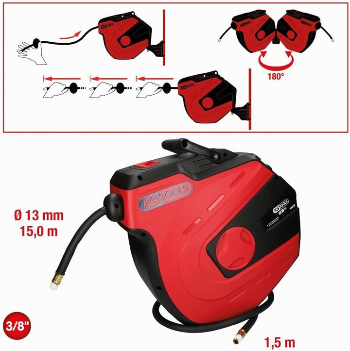 KS Tools 515.3445 Automatischer Druckluftschlauch-Aufroller, Ø 13mm x 15m