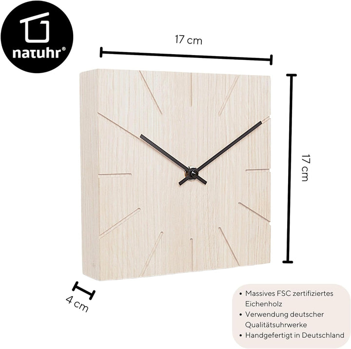 Natuhr Funkuhr Wanduhr Tischuhr Eiche Holz - Beam - geräuscharm Massivholz Design 17 x 17 cm (Eiche