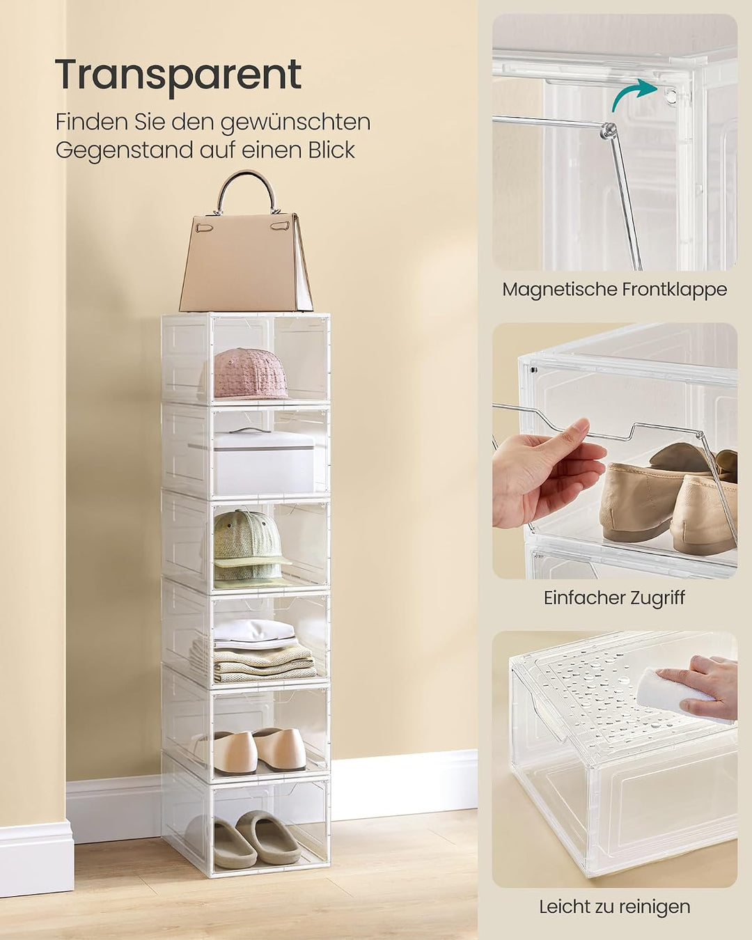 SONGMICS Schuhboxen, 6 Stück, Organizer mit Tür, Schuhregal aus Kunststoff, stapelbar, einfache Mont