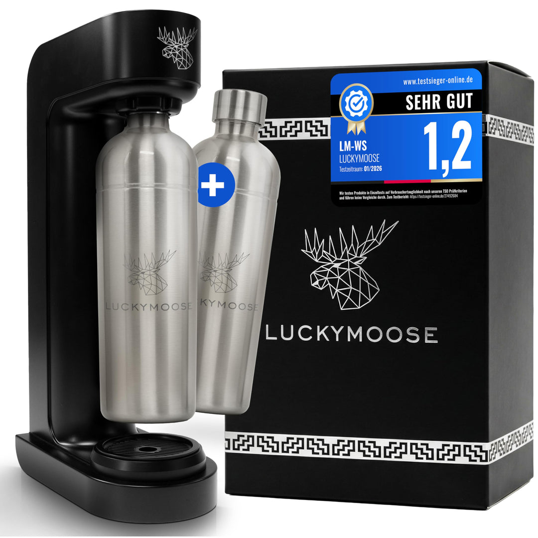 Luckymoose® Infinity Wassersprudler mit 2x 1,25L Edelstahlflaschen - Spart bis zu 25% CO2 dank Stopp