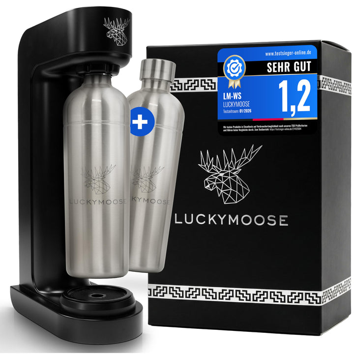 Luckymoose® Infinity Wassersprudler mit 2x 1,25L Edelstahlflaschen - Spart bis zu 25% CO2 dank Stopp