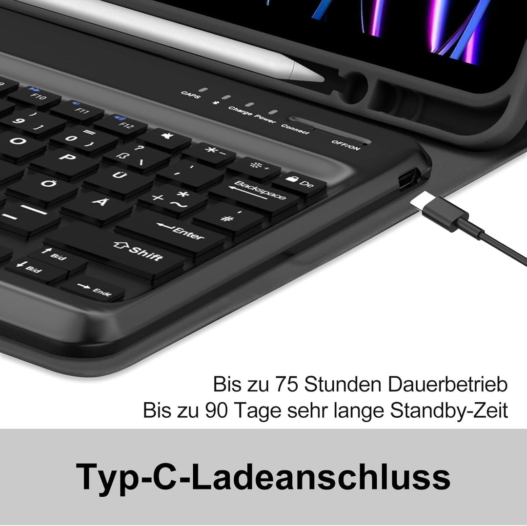 Für iPad Pro 12,9" Hülle mit Tastatur (2018-2022) – Deutsche QWERTZ Bluetooth 5.0 Tastatur, 90h Nutz