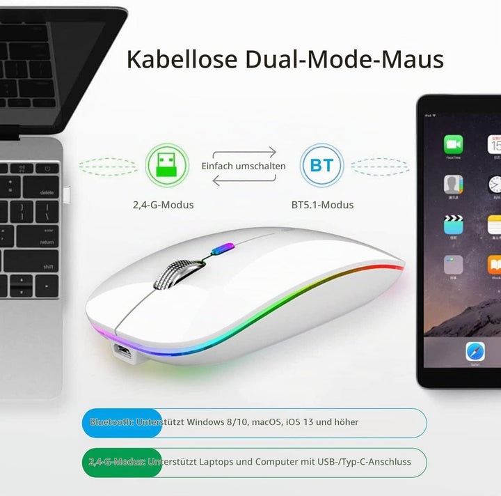 Uiosmuph Bluetooth Kabellose Maus, Leise LED Wiederaufladbare Mouse,Weiss White, White