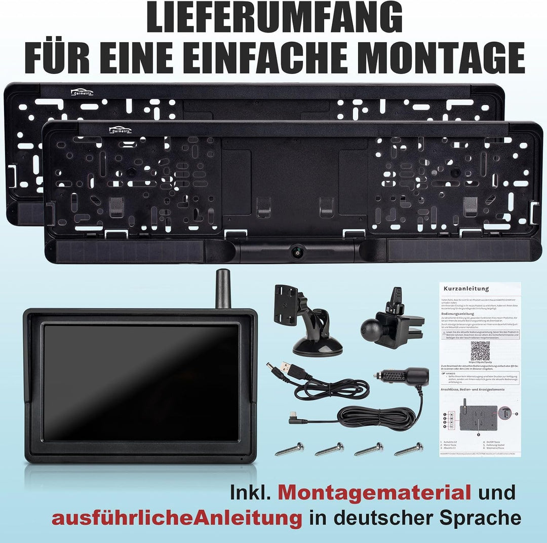Solar Funk Auto Rückfahrsystem HD Rückfahrkamera im KFZ Nummernschild mit 5" IPS Monitor Vorne und H