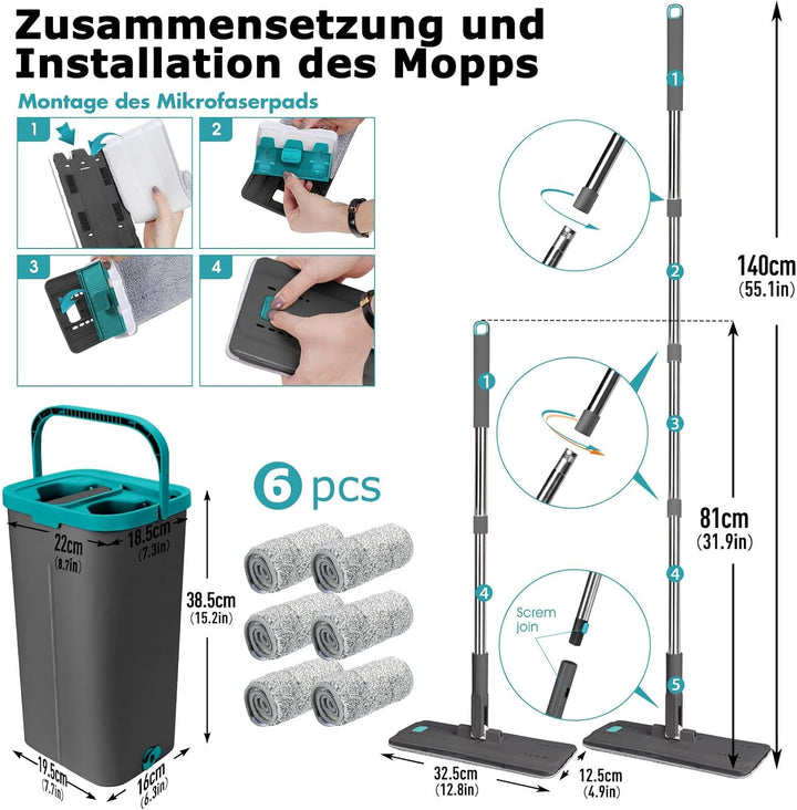 Masthome Wischmopp Set mit Eimer, Putzeimer mit Flachmopp und 6 Mikrofaser Wischpads, Edelstahl Grif