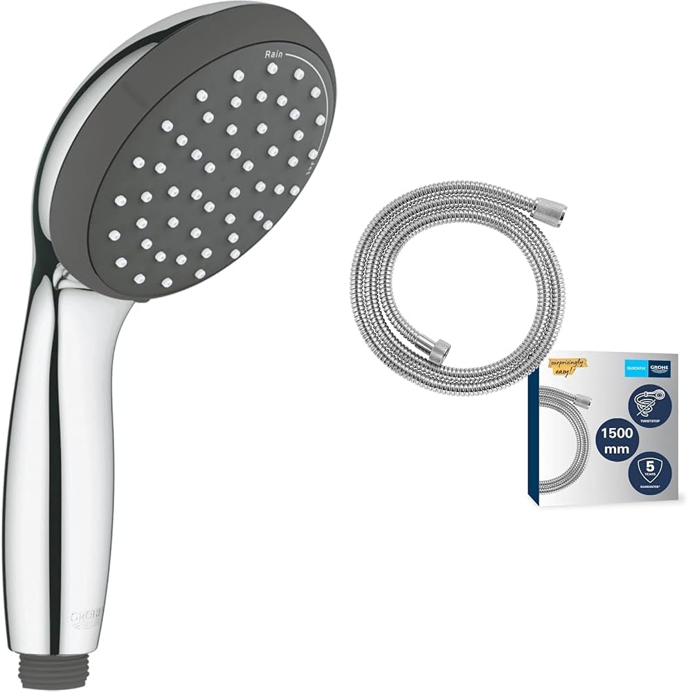 GROHE Vitalio Start 100 - Handbrause, rund, chrom, 27946000 + Vitalioflex - Metallbrauseschlauch, ch