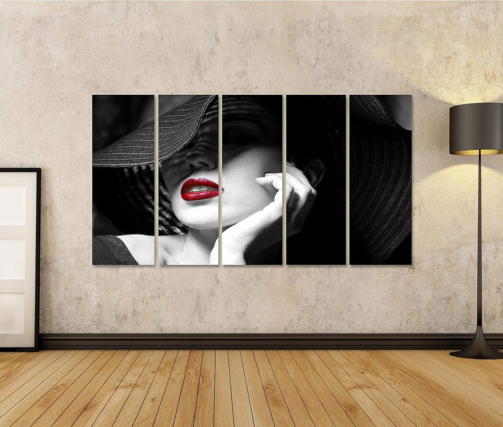 islandburner Bild auf Leinwand Mysteriöse Frau Mit Schwarzem Hut Und Roten Lippen Bilder Wandbilder