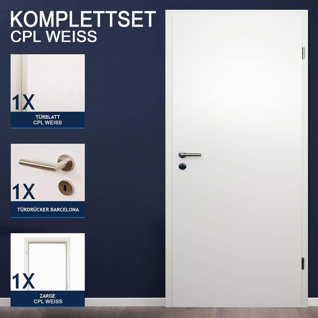 HORI® Zimmertür Komplettset mit Zarge und Türdrücker I Innentür CPL Weiss I Höhe 198,5 cm I Anschlag