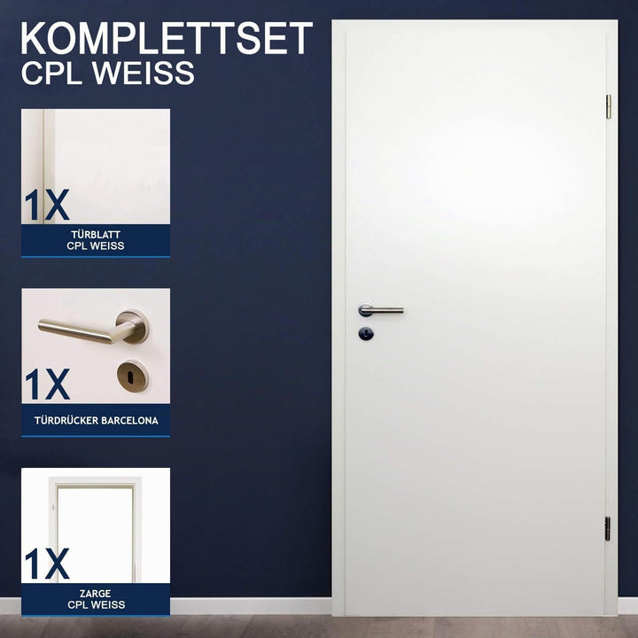 HORI® Zimmertür Komplettset mit Zarge und Türdrücker I Innentür CPL Weiss I Höhe 198,5 cm I Anschlag