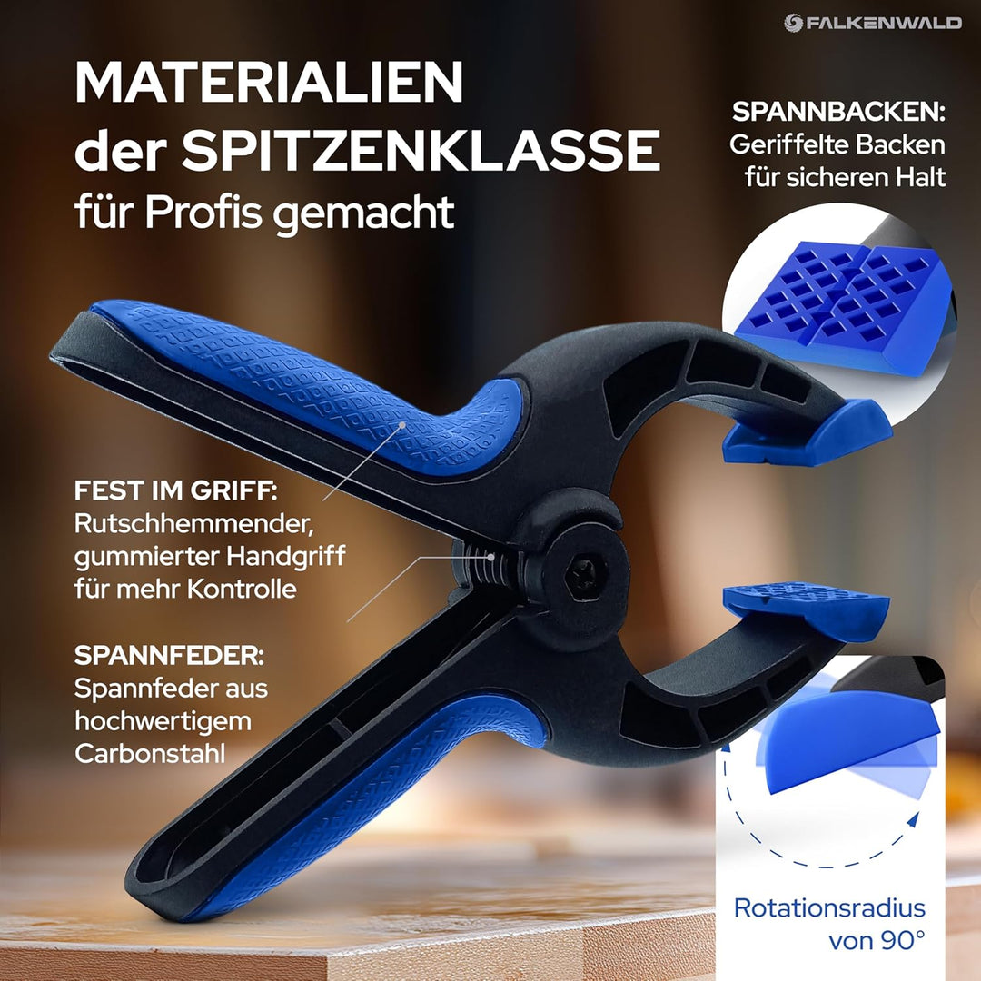 Falkenwald® Klemmzwingen 12er Set für Leimen, Pool, Fotografie mit grosser Spannweite - Klemmzwinge