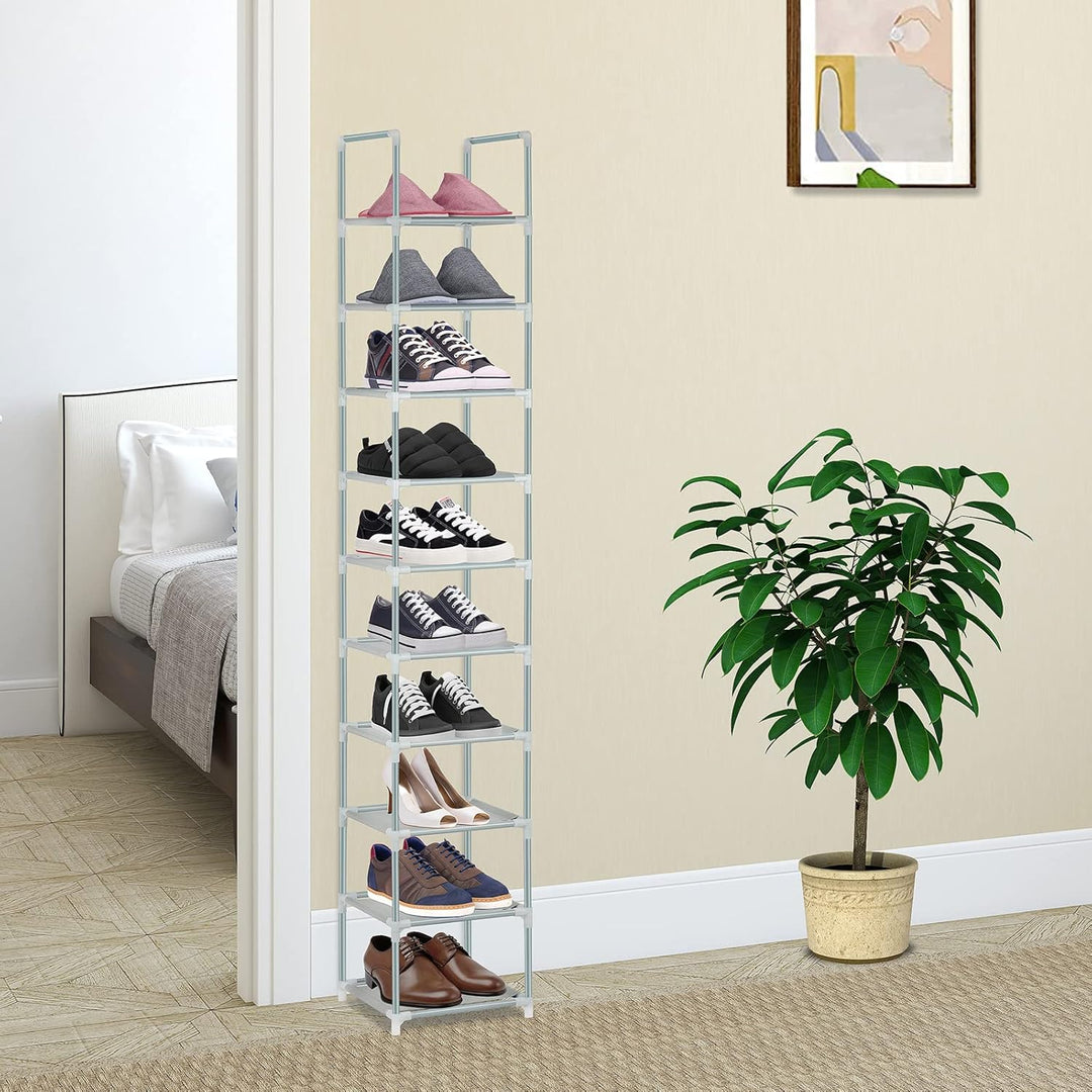 Voency Schuhregal mit 10 Ebenen, schmal hoch Schuhschrank, freistehender, stapelbarer Schuhregal-Org