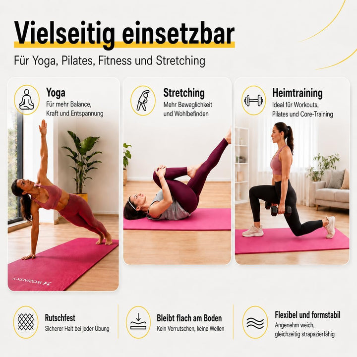 WOZINSKY Fitness Yogamatte Fitnessmatte Turnmatte Gymnastikmatte 181 cm X 63 cm X 1 cm SCHWARZ (ROSA