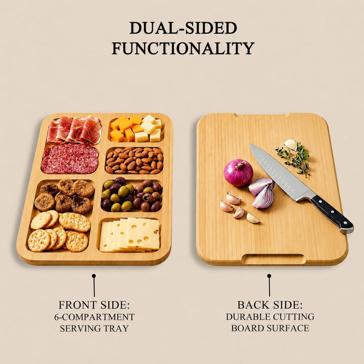Servierplatte mit Deckel aus Bambus | Charcuterie Board – Käseplatte mit 6 Fächern & Tragegriff, Hol