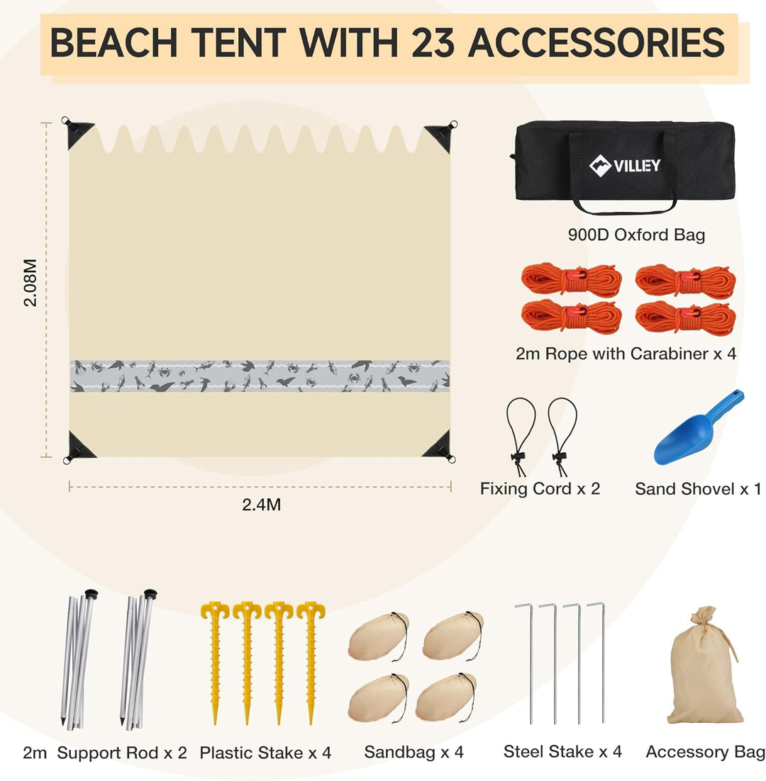 VILLEY Sonnenzelt 2m x 2,4m Khaki, UPF50+ UV Schutz Spandex Strandzelt für 3 Personen, Sonnenschirm