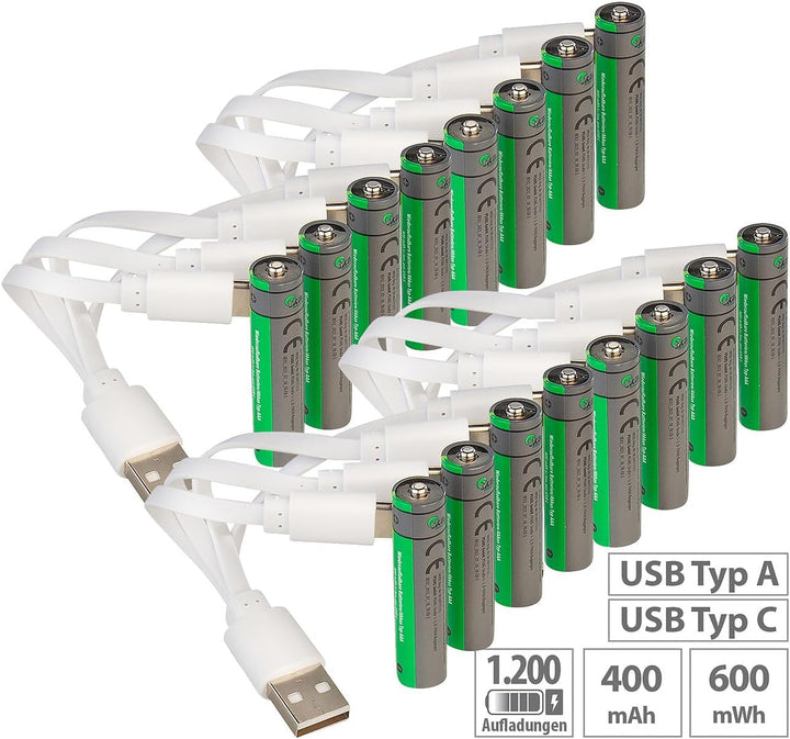 tka Köbele Akkutechnik Akku: 16er-Set wiederaufladbare Batterien Typ AAA, 600 mWh, Laden per USB-C (