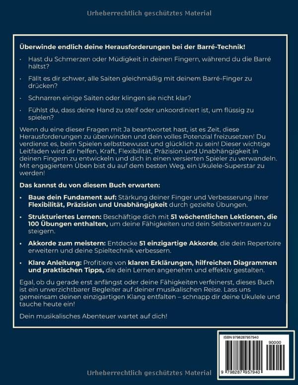 Das Ukulele Workout-Buch. Barré-Technik Übungen für Linkshänder.: Bariton-Ukulele Stimmung DGBE. 51