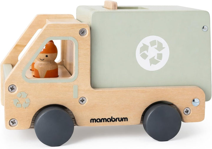mamabrum Holz-Müllwagen mit Zubehör, Lernspielzeug für Kinder ab 3 Jahren, MDF, Natur und Grün, 2 Ho