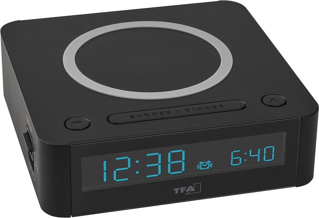 TFA Dostmann Digital Wecker Easy-Charge Wireless, 60.2030.01, mit kabelloser Qi Ladestation, Farbdis
