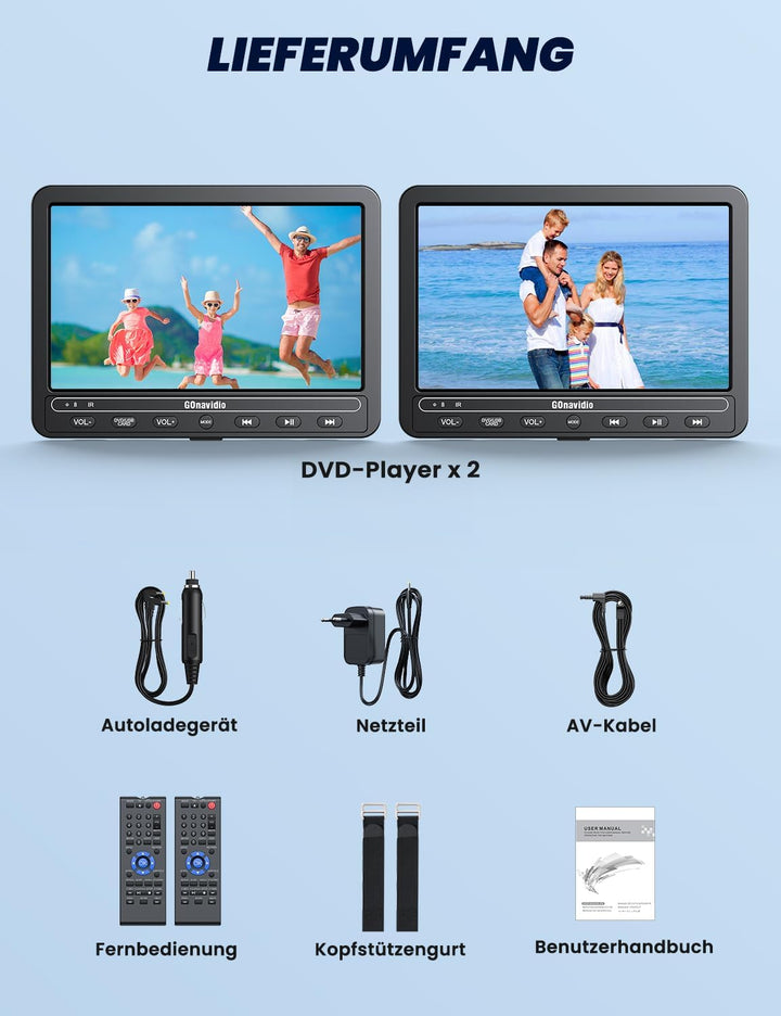 10,1" DVD Player Auto 2 Bildschirme 5-Stunden-Akkulaufzeit mit HDMI-Eingang, USB/TF-Karte, Speicherk
