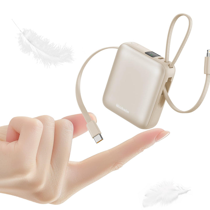 Hichain Power Bank Klein, 10000mAh 22,5W Powerbank USB C Schnellladen mit Integriertem USB-C Kabel,