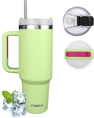 STARLA Thermobecher mit Strohhalm und Henkel 1,2l gross, 2 Deckel, auslaufsicher, Edelstahl Isolierb