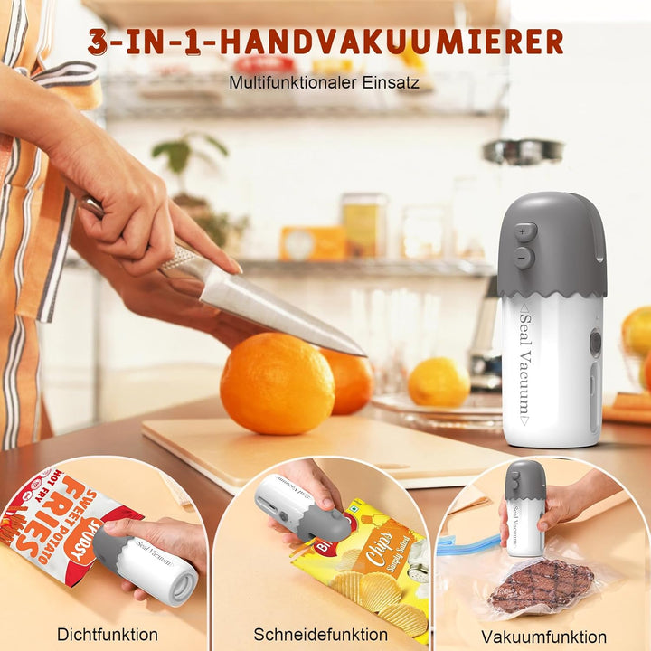 3 in 1 Handliche Vakuumiergerät, Folienschweissgerät mit 20 Wiederverwendbare Vakuumbeutel, Bag Seal