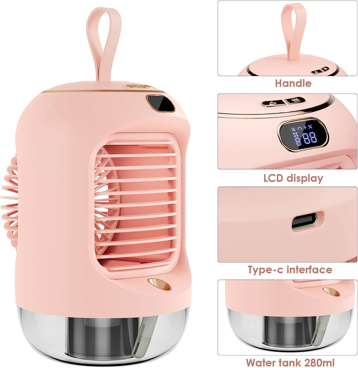 Drehbar Mobile Klimageräte, Mini Multifunktional USB Air Cooler mit 3 Geschwindigkeiten, Nachtlicht,