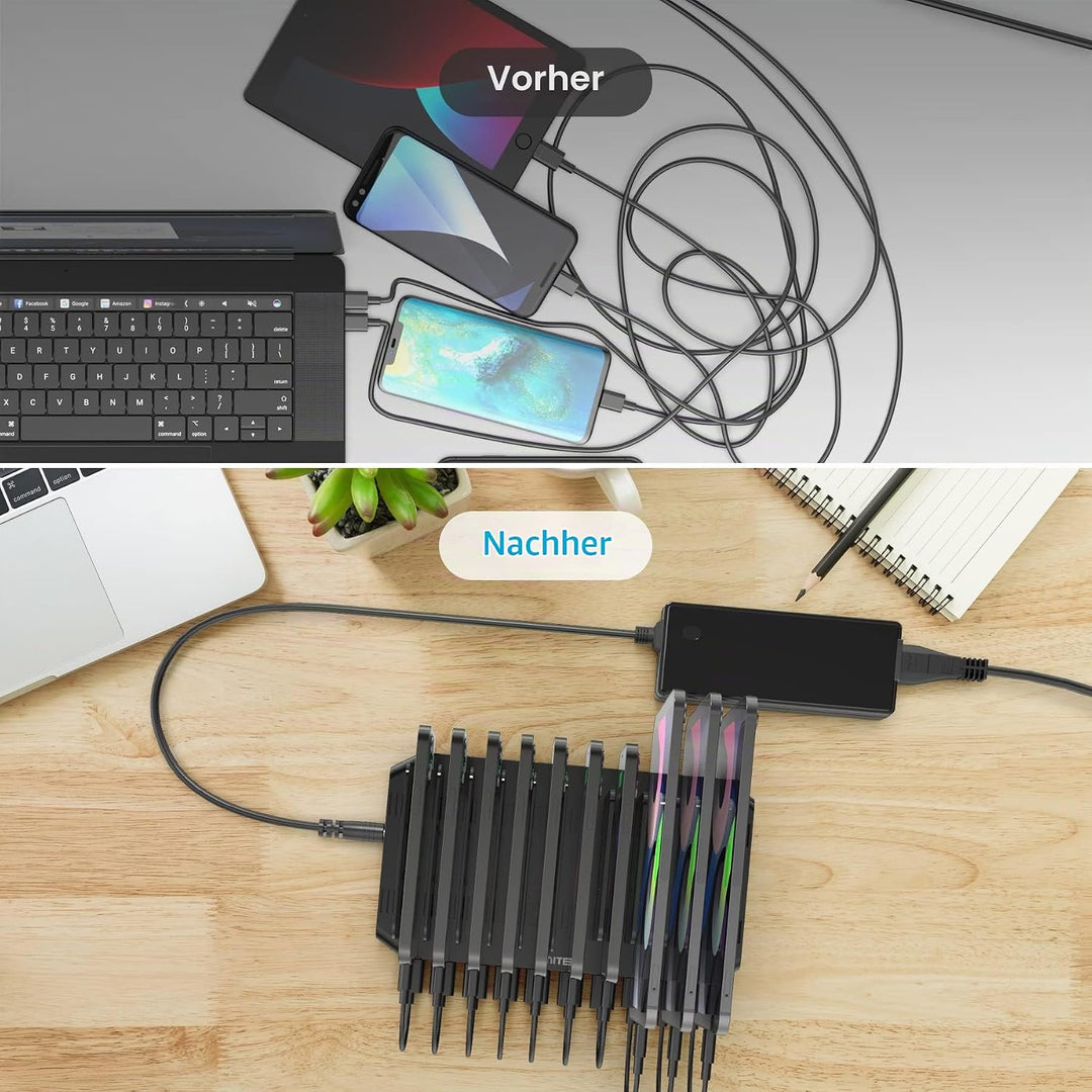Unitek 60W USB Ladestation 10 Ports, Tablet Multi Ladestation mit QC3.0 und Einstellbaren Teiler für