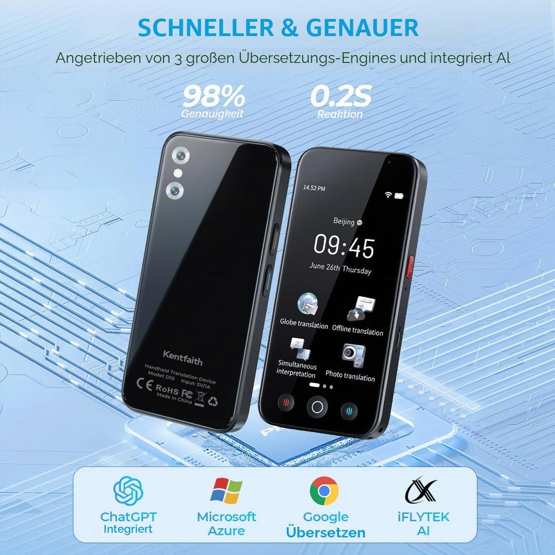 kentfaith AI Sprachübersetzer Gerät, 144 Sprachen Übersetzungsgerät 0,2s Sofortübersetzung, 98% Gena