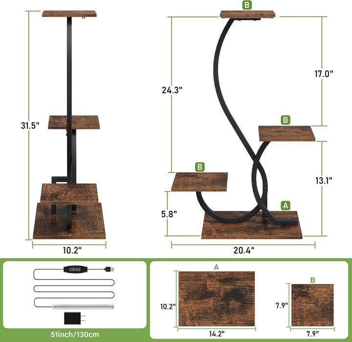 Pflanzenständer mit Wachstumslicht - 4 Ebenen Blumenständer 81cm Metall Holz Pflanzenregal - Innen &