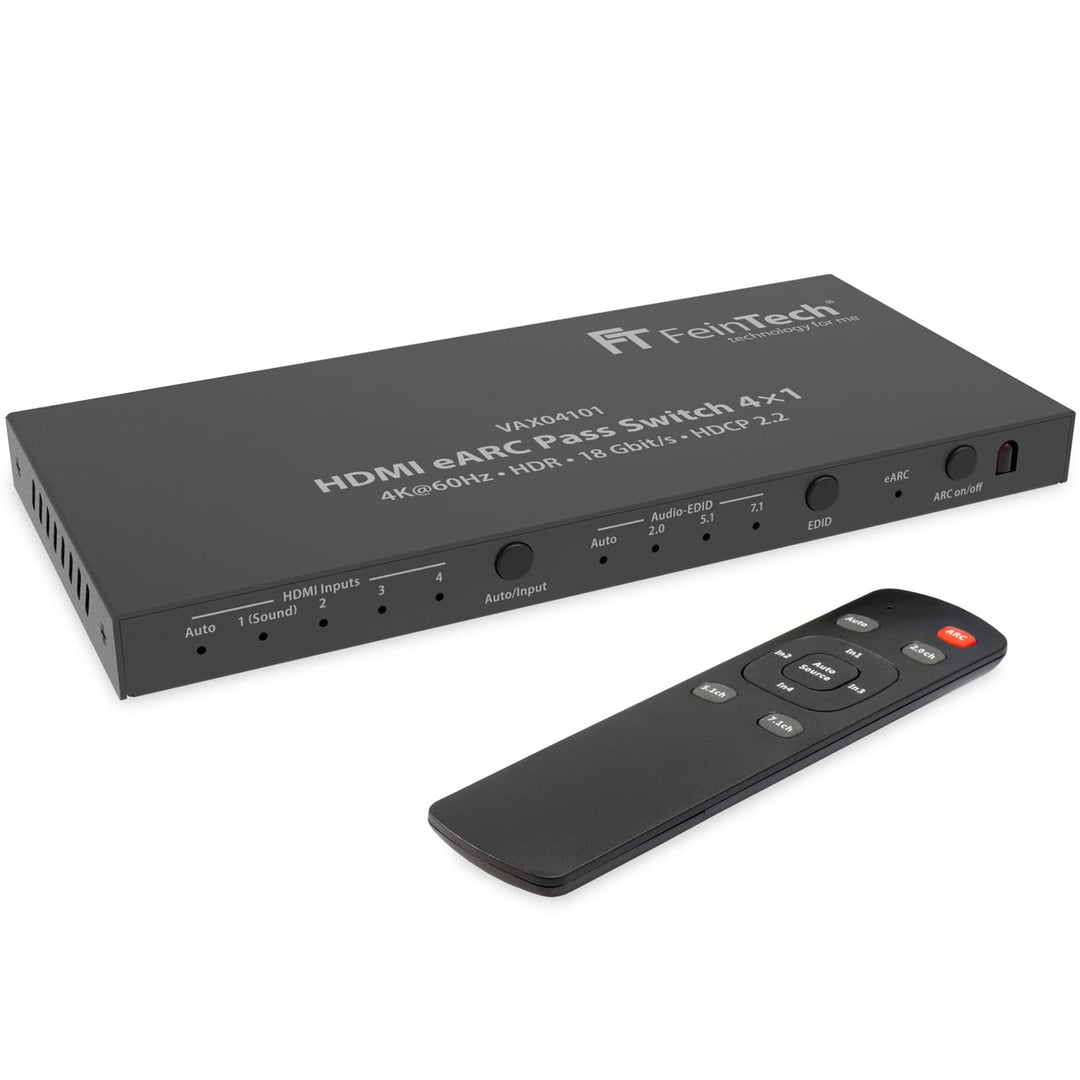 FeinTech VAX04101A HDMI eARC Pass Switch 4x1, für 3 HDMI-Quellen, Soundbar und TV Beamer 4K HDR Dolb