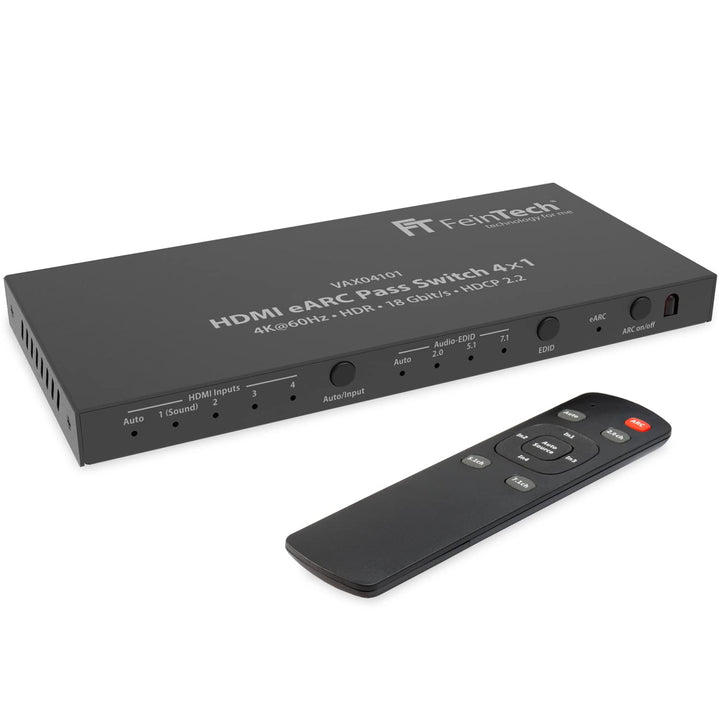 FeinTech VAX04101A HDMI eARC Pass Switch 4x1, für 3 HDMI-Quellen, Soundbar und TV Beamer 4K HDR Dolb