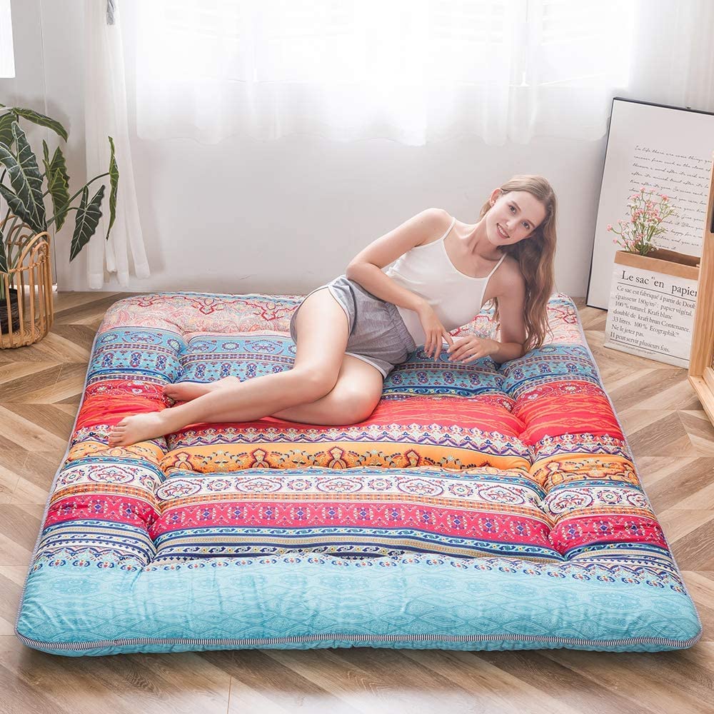 MAXYOYO Böhmische Retro Futon Matratze - Vintage Blumenmuster japanische Bodenmatratze - rollbar ver