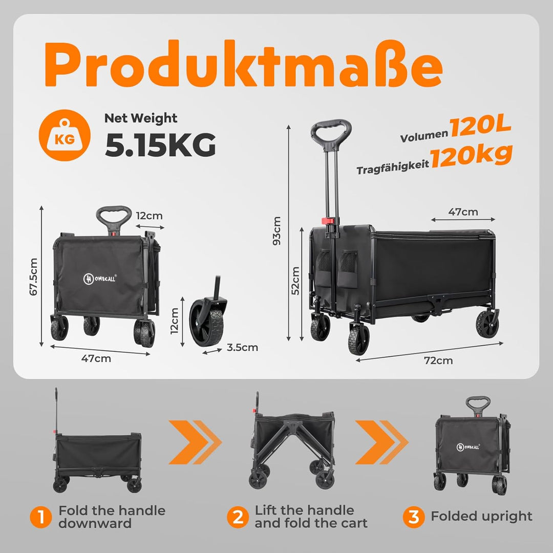 Bollerwagen faltbar 120L Bis 120KG Strandwagen Klappbar mit Regenschutz, Becherhalter, Reflektorstre