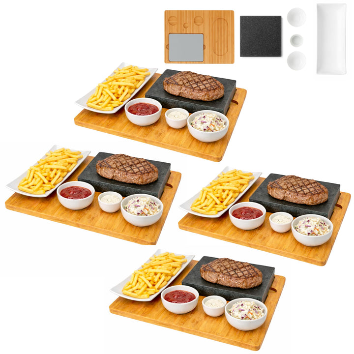 Lavastein Steakbrett, Servierplatte, Bambusbrett mit Hot Stone Grill, Steak Grillplatte, Steinplatte