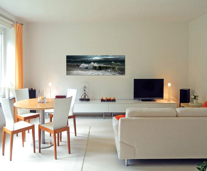 Paul Sinus Art Panoramabild auf Leinwand und Keilrahmen 150x50cm Meer Wellen Dunkelheit Sturm