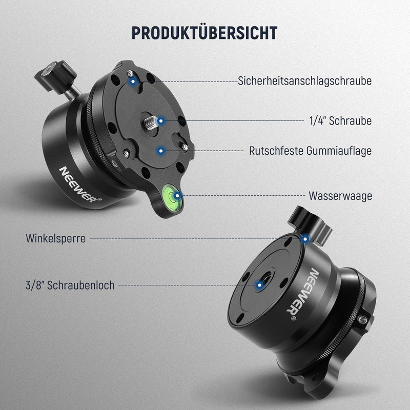 NEEWER Stativ Nivelliersockel (⌀60mm) Kamera Nivelliergerät, verstellbare Aluminium Stativkopfplatte