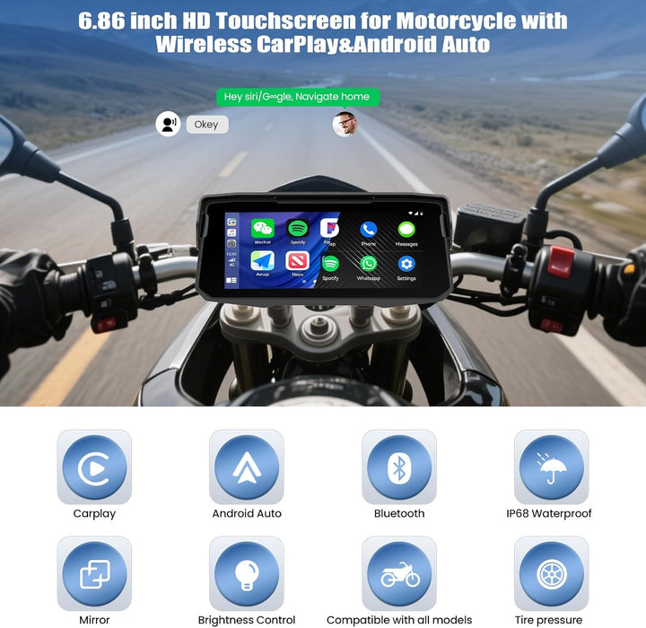 SIXWIN Carplay Motorrad Display für Moto mit Wireless Carplay Android Auto, 6.86 Zoll HD Touchscreen