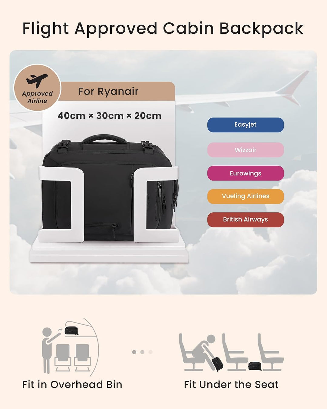 LOVEVOOK Ryanair Handgepäck 40x30x20 Reiserucksack Damen Mit Grosser Nassfach Carry On Luggage Cabin