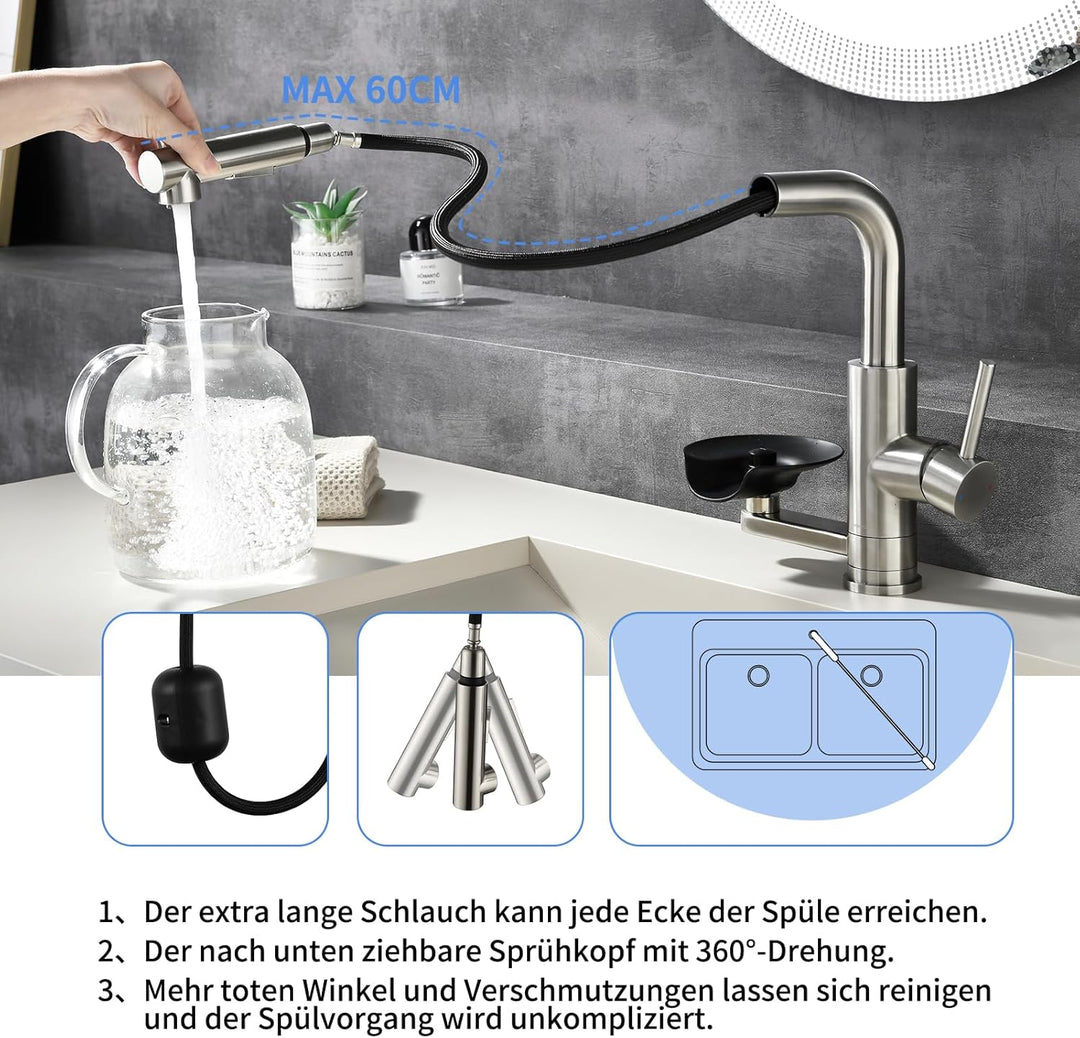 Waschtischarmatur LakeBayMZC Mit Glasspüler Ausziehbar Einhebelmischer Dual-Auslauf,304 Edelstahl Wa
