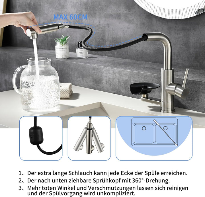 Waschtischarmatur LakeBayMZC Mit Glasspüler Ausziehbar Einhebelmischer Dual-Auslauf,304 Edelstahl Wa
