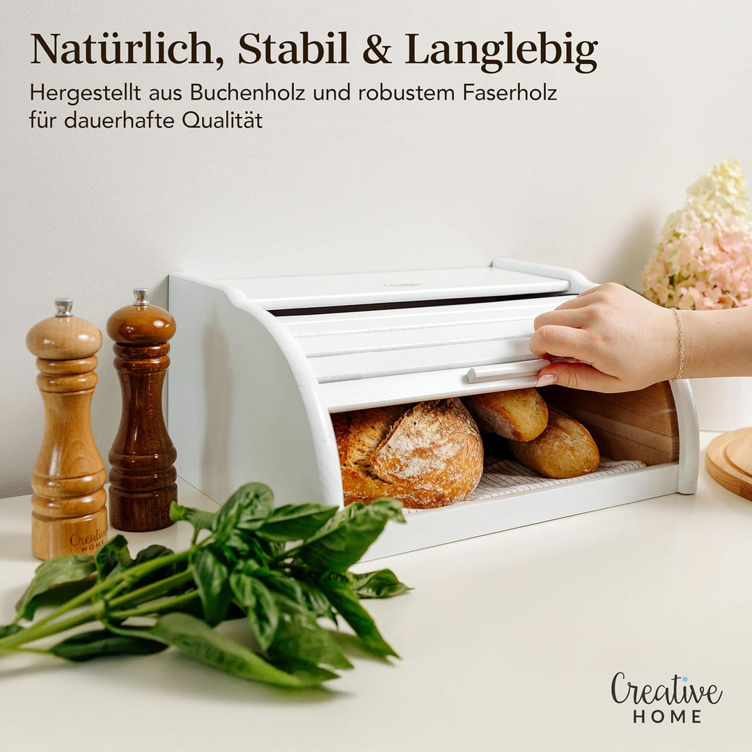 Creative Home Weiss Brotkasten Holz | 38 x 28,5 x 17,5cm (+/-1cm) | Perfekte BrotBox für Brot Brötch