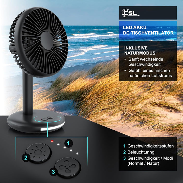 CSL - Akku Tischventilator kabellos - mit Akku – USB Mini Ventilator – DC Motor Brushless silent seh