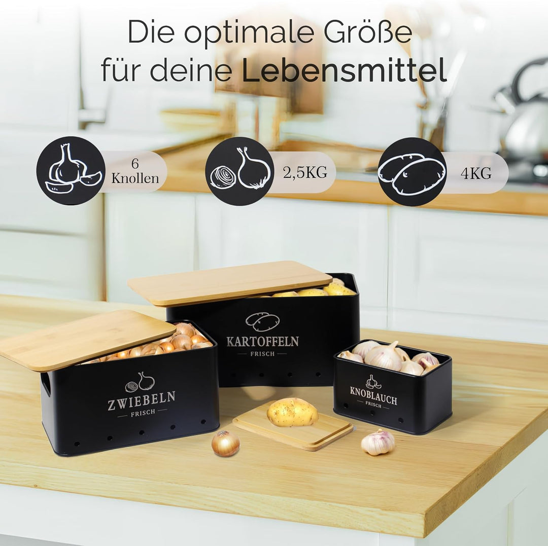 Kartoffel Aufbewahrungsbox 3er Set, 360° Luftzirkulation für längere Frische, Für Zwiebeln, Kartoffe