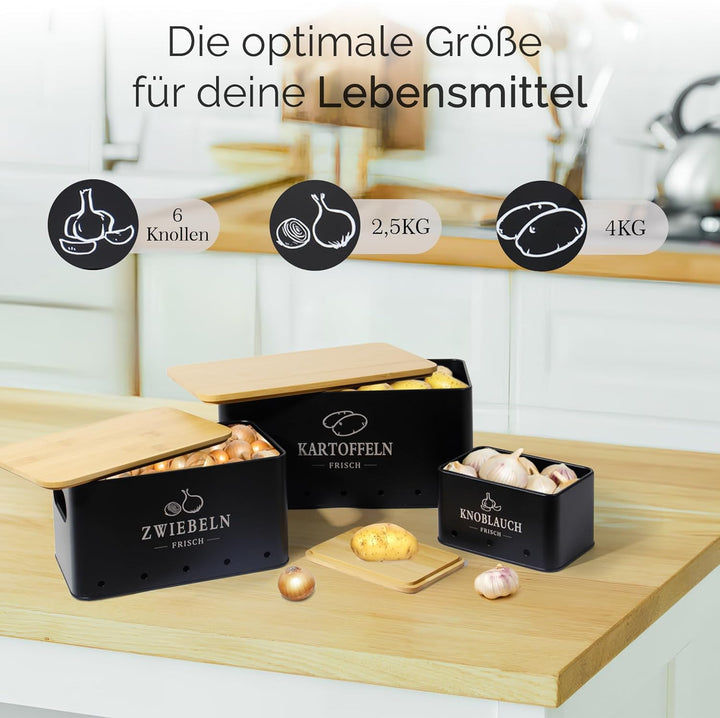 Kartoffel Aufbewahrungsbox 3er Set, 360° Luftzirkulation für längere Frische, Für Zwiebeln, Kartoffe