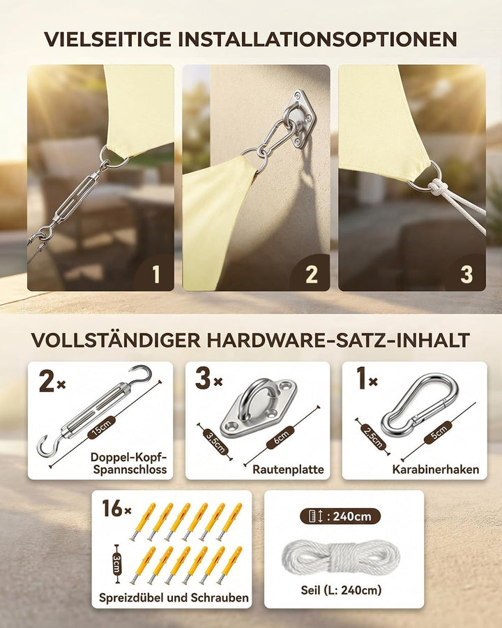 Sonnensegel Dreieckig 3x4x5m Wasserdicht, Sonnenschutz Windschutz, Premium HDPE Wetterbeständig Atmu
